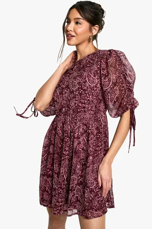 Boohoo Paisley Ruched Sleeve Mini Dress - - 8