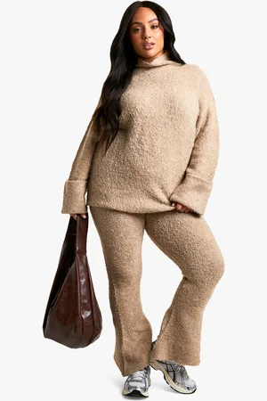 Boohoo Plus Borg High Neck Cuff Detail Knitted Jumper And Flare Pants Co-Ord - - 16