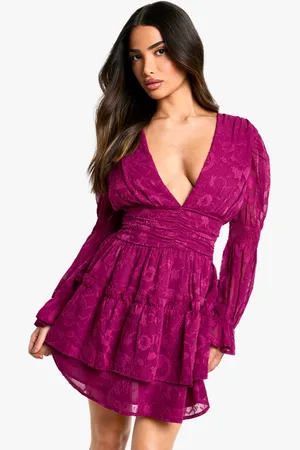 Boohoo Petite Paisley Burnout Puff Sleeve Ruched Skater Dress - - 4