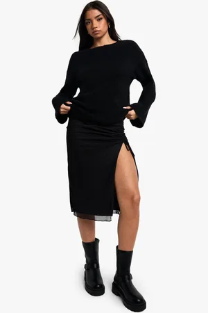 Boohoo Mesh Ruched Tie Split Front Midi Skirt - - 6