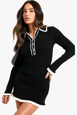 Boohoo Petite Contrast Trim Collared Knitted Skater Dress - - S