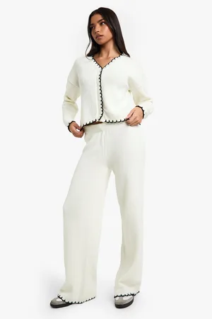 Boohoo Blanket Stitch Knitted Crop Cardigan And Wide Leg Trouser Co-Ord - - XL