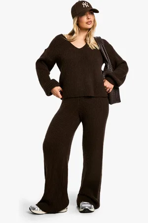 Boohoo Chunky Knit Extreme V Neck Jumper And Wide Leg Trouser Knitted Co-Ord - - S