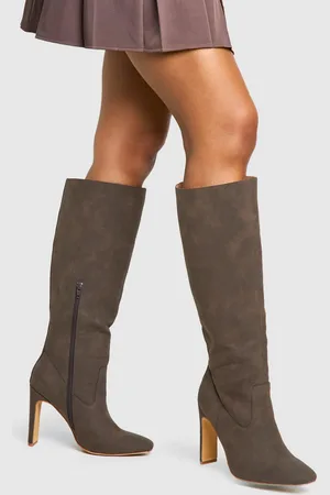 Boohoo Wide Fit Nubuck Low Heel Knee High Boots - - 5