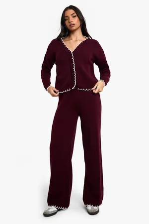 Boohoo Blanket Stitch Knitted Crop Cardigan And Wide Leg Trouser Co-Ord - - S