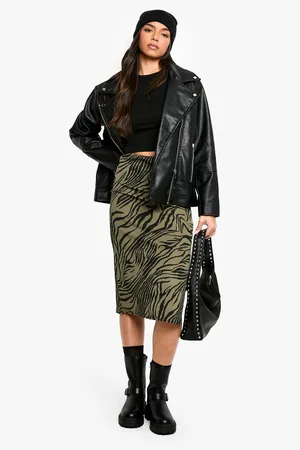 Boohoo Zebra Print Rib Side Split Midi Skirt - - 6