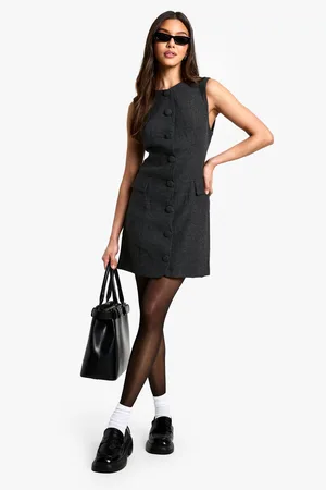 Boohoo Tweed Button Down Shift Dress - - 10