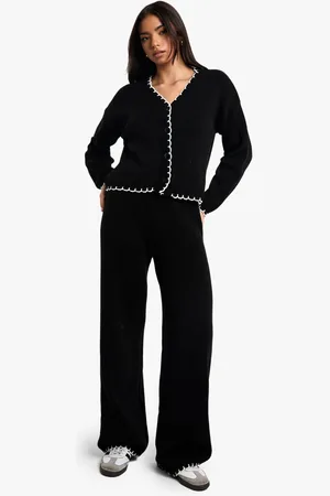 Boohoo Blanket Stitch Knitted Crop Cardigan And Wide Leg Trouser Co-Ord - - S