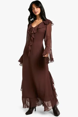 Boohoo Petite Ruffle Flare Sleeve Belted Chiffon Maxi Dress - - 6