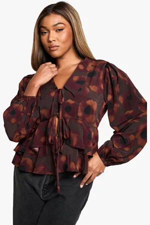 Boohoo Plus Floral Tie Front Ruffle Blouse - - 28