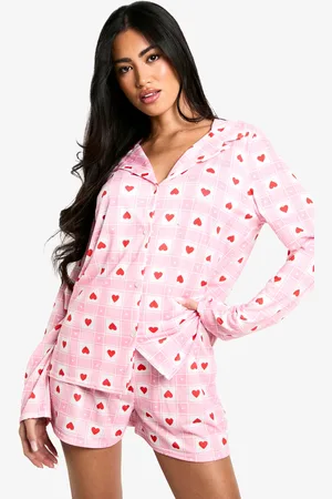 Boohoo Heart Print Long Sleeve Shirt & Shorts Pyjama Set - - 6