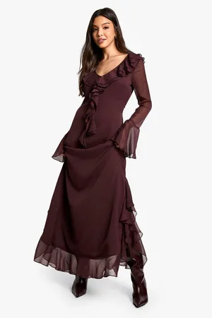 Boohoo Ruffle Flare Sleeve Belted Chiffon Maxi Dress - - 8