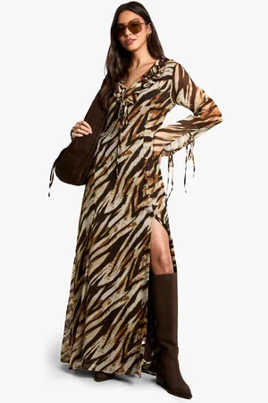 Boohoo Zebra Ruffle Tie Sleeve Belted Chiffon Maxi Dress - - 8