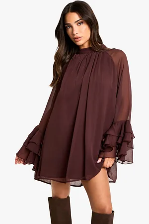 Boohoo Petite High Neck Volume Sleeve Chiffon Smock Dress - - 6