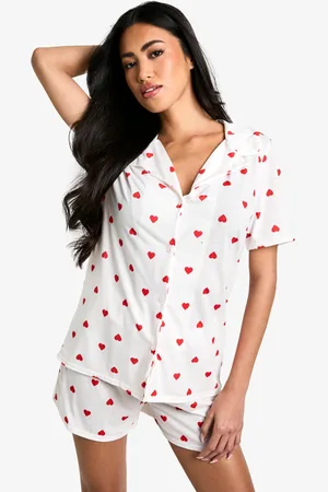 Boohoo Heart Print Short Sleeve Shirt & Shorts Pyjama Set - - 10
