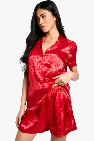 Boohoo Jacquard Heart Print Satin Short Sleeved Shirt & Shorts Pyjama Set - - 6