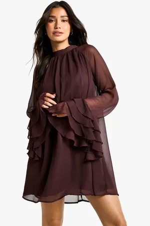 Boohoo Tall High Neck Volume Sleeve Chiffon Smock Dress - - 8