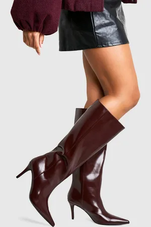 Boohoo Premium Leather Look Pointed Knee High Boots - - 5