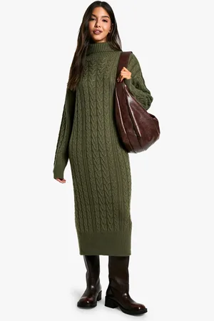 Boohoo Cable Knit Turtleneck Midi Dress - - 10