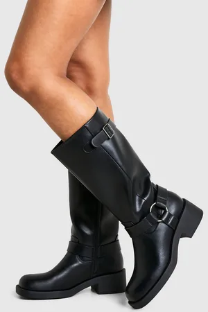 Boohoo Textured Harness Detail Biker Knee High Boot - - 5