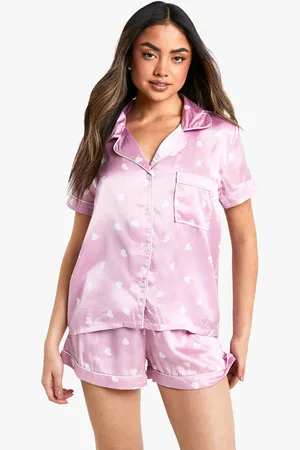Boohoo Heart Print Short Sleeve Shirt & Shorts Pyjama Set - - 10