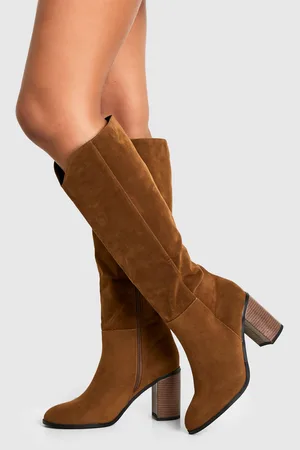 Boohoo Faux Suede Wooden Stack Heel Detail Knee High Boot - - 5