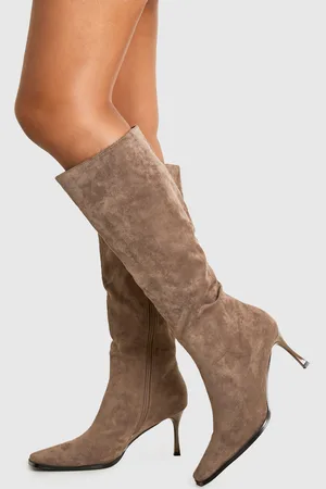 Boohoo Faux Suede Pointed Toe Heeled Knee High Boots - - 5