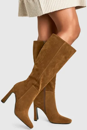 Boohoo Faux Suede Square Toe Flared Heel Knee High Boots - - 5