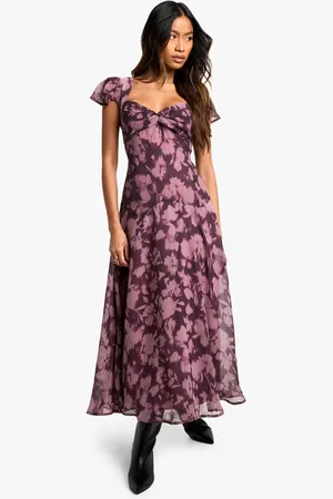 Boohoo Floral Long Sleeve Twist Front Midaxi Dress - - 12