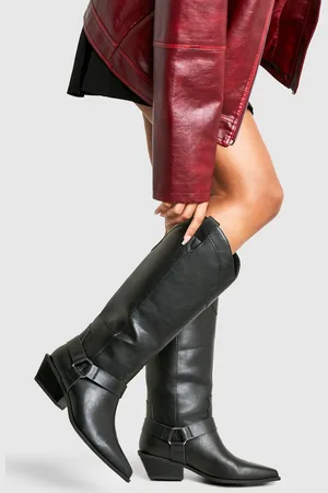 Boohoo Wide Fit Western Style Harness Detail Knee High Boots - - 5