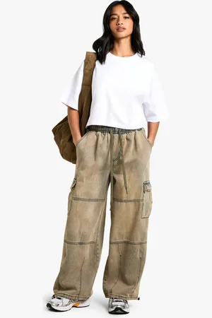 Boohoo Petite Vintage Wash Elasticated Waist Baggy Cargo Jeans - - 6