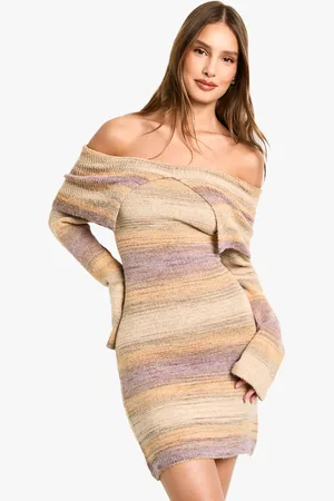 Boohoo Bardot Stripe Jumper Knit Dress - - S