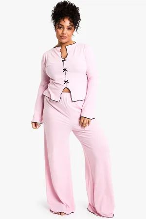 Boohoo Plus Rib Contrast Bow Pj Top & Trouser Pj Set - - 16