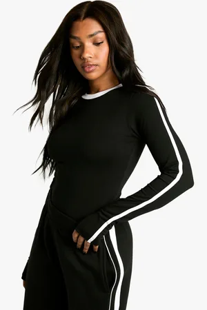 Boohoo Contrast Binding And Sleeve Stripe Long Sleeve Bodysuit - - 6