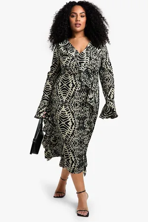 Boohoo Plus Animal Print Chiffon Ruffle Midi Dress - - 16