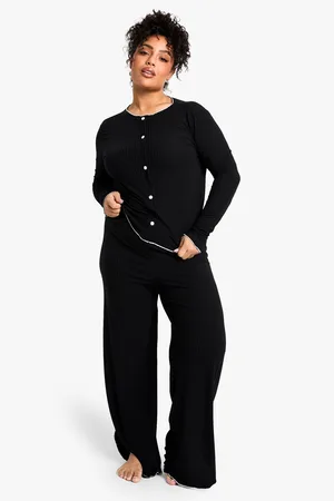 Boohoo Plus Rib Contrast Button Rib Top & Trouser Pj Set - - 16