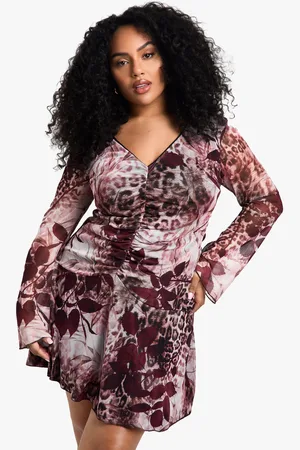 Boohoo Plus Printed Mesh Rouched Mini Skater Dress - - 16