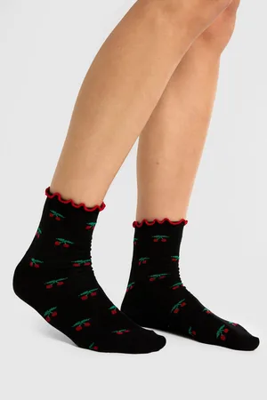 Boohoo Contrast Frill Cherry Pattern Sock 2 Pack - - ONE SIZE
