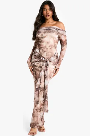 Boohoo Abstract Bardot Mesh Long Sleeve Maxi Dress - - 8