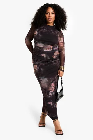 Boohoo Plus Long Sleeve Printed Mesh Maxi Dress - - 20
