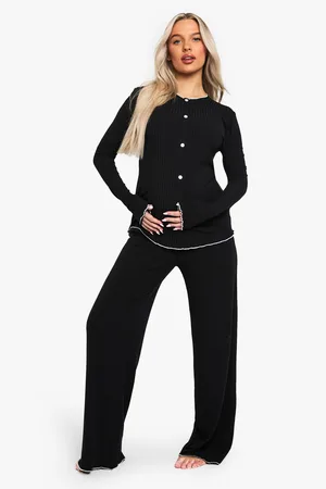 Boohoo Maternity Contrast Detail Rib Button Down Top & Trouser Pj Set - - 8