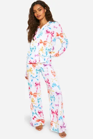 Boohoo Bow Print Pyjama Shirt And Pants Set - - 8