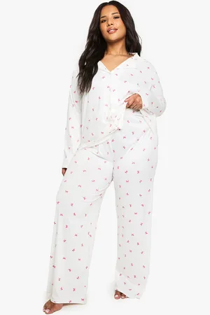 Boohoo Plus Bow Print Trouser Pj Set - - 16