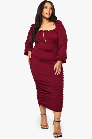 Boohoo Plus Blouson Sleeve Rouched Midi Dress - - 16