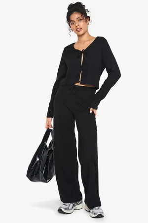 Boohoo Rib Tie Front Long Sleeve Top And Drawstring Straght Leg Trouser Set - - 6