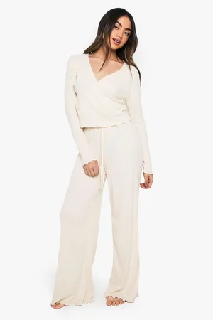 Boohoo Loungewear Soft Rib Long Sleeve Wrap Top & Trousers Set - - 6