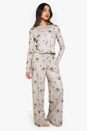 Boohoo Coffee Print Bow Detail Long Sleeve Top & Trousers Pyjama Set - - 6