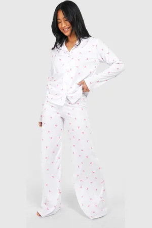 Boohoo Petite Bow Print Long Sleeve Shirt & Trousers Pyjama Set - - 6