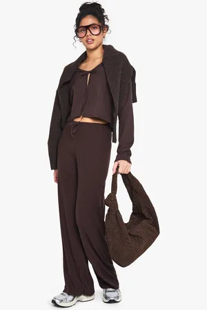 Boohoo Rib Tie Front Long Sleeve Top And Drawstring Straght Leg Trouser Set - - 6