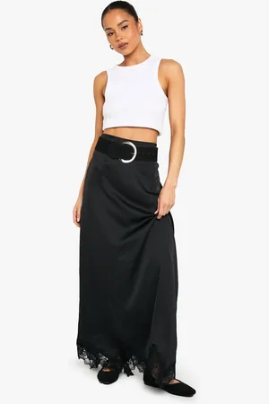 Boohoo Satin Lace Trim Maxi Slip Skirt - - 6